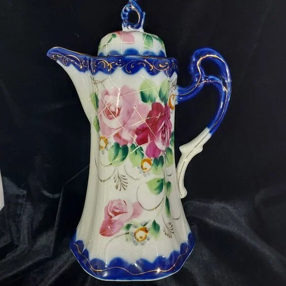 Nippon Hand Painted CHOCOLATE POT Cobalt Blue Gold Florial 12pc Set Antique - Picture 2 of 16